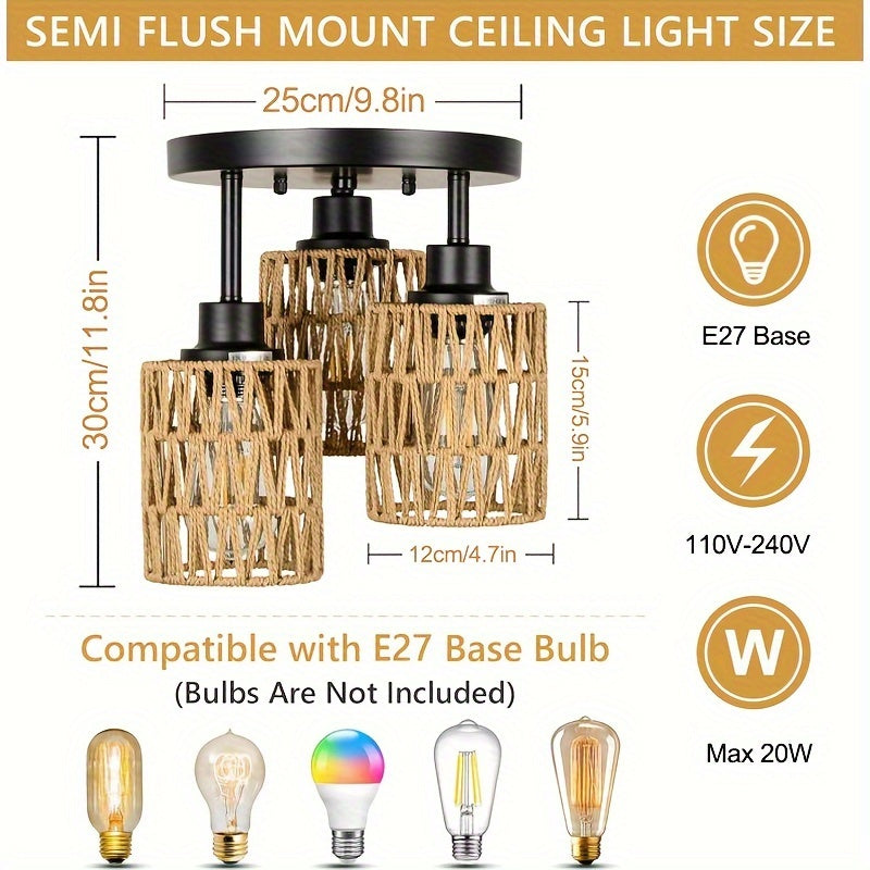 Zanora – Boho Chic 3-Light Rattan Ceiling Lamp with Vintage Bamboo Design