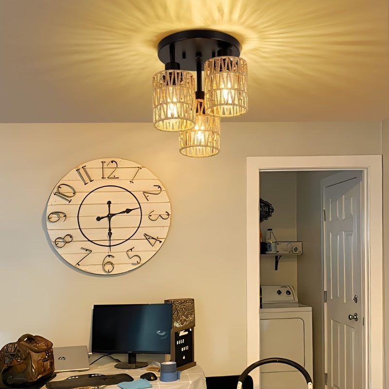 Zanora – Boho Chic 3-Light Rattan Ceiling Lamp with Vintage Bamboo Design