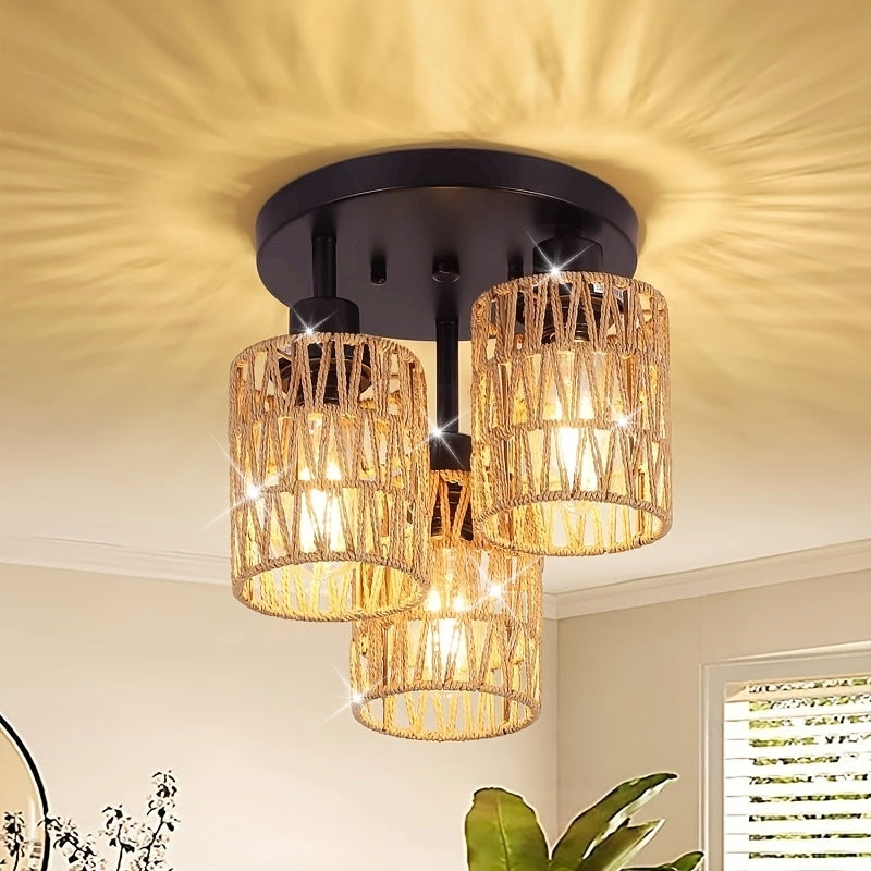 Zanora – Boho Chic 3-Light Rattan Ceiling Lamp with Vintage Bamboo Design