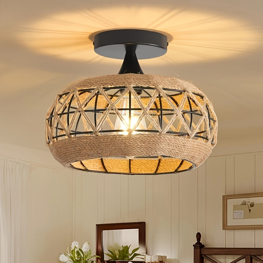 Ravari – Hand-Woven Bohemian Rattan Ceiling Light (29.97cm, Black Frame)