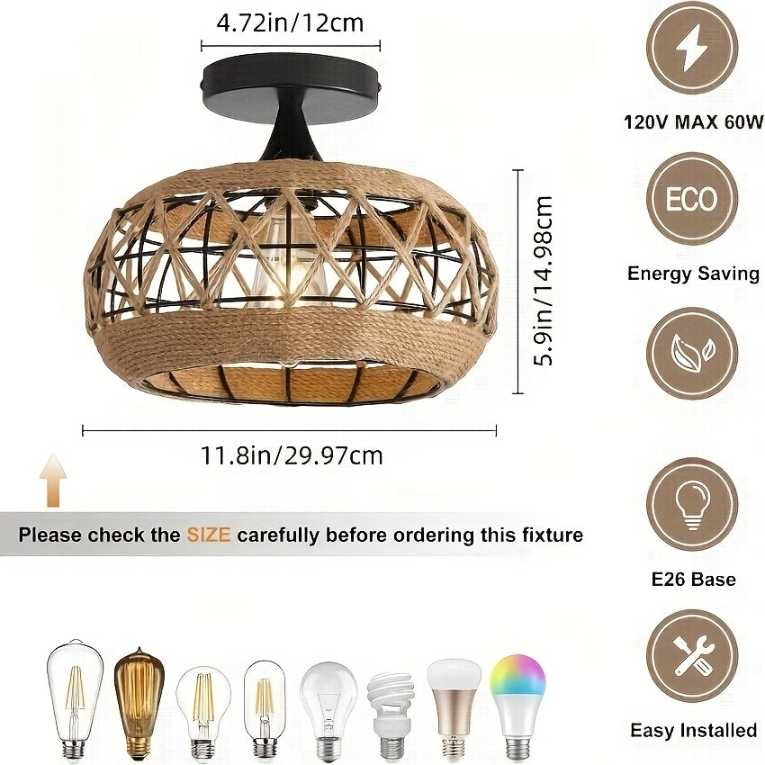 Ravari – Hand-Woven Bohemian Rattan Ceiling Light (29.97cm, Black Frame)