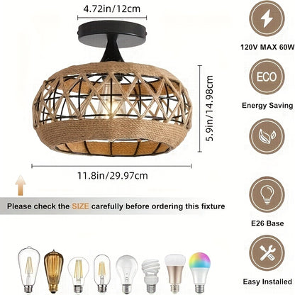 Ravari – Hand-Woven Bohemian Rattan Ceiling Light (29.97cm, Black Frame)