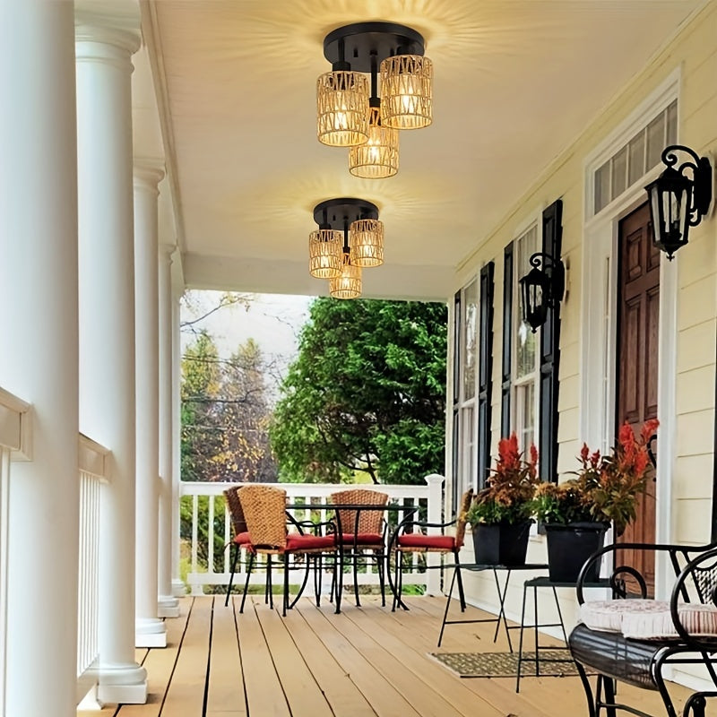 Zanora – Boho Chic 3-Light Rattan Ceiling Lamp with Vintage Bamboo Design