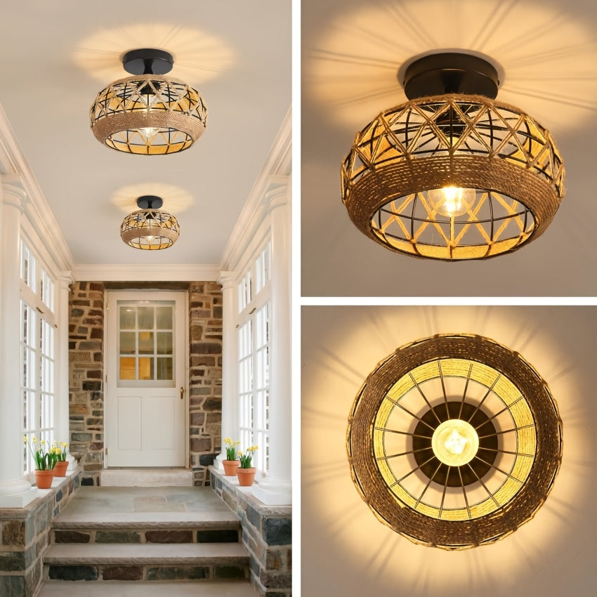 Ravari – Hand-Woven Bohemian Rattan Ceiling Light (29.97cm, Black Frame)