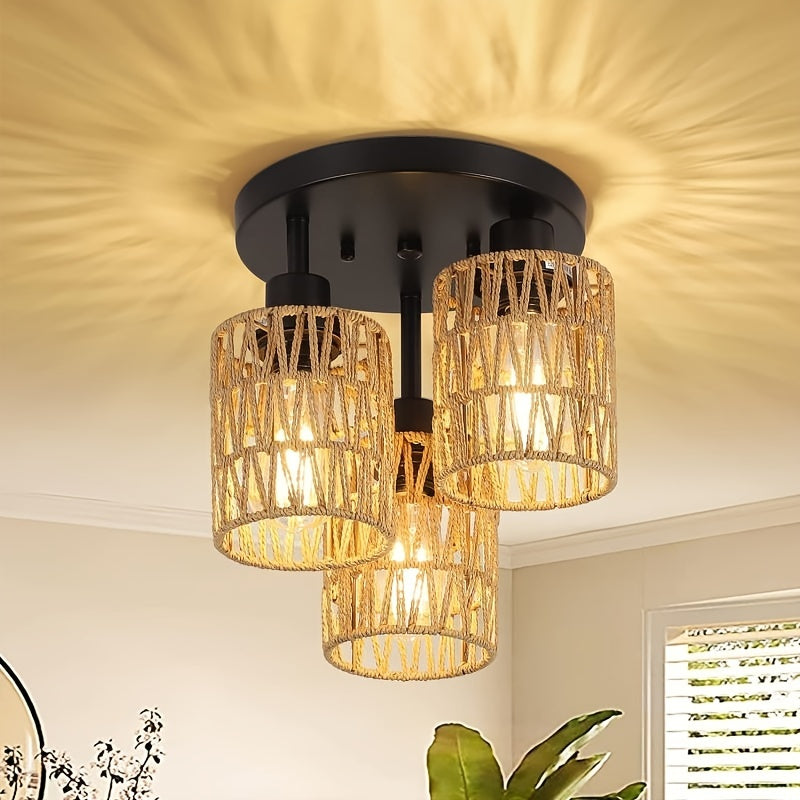 Zanora – Boho Chic 3-Light Rattan Ceiling Lamp with Vintage Bamboo Design