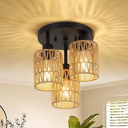 Zanora – Boho Chic 3-Light Rattan Ceiling Lamp with Vintage Bamboo Design