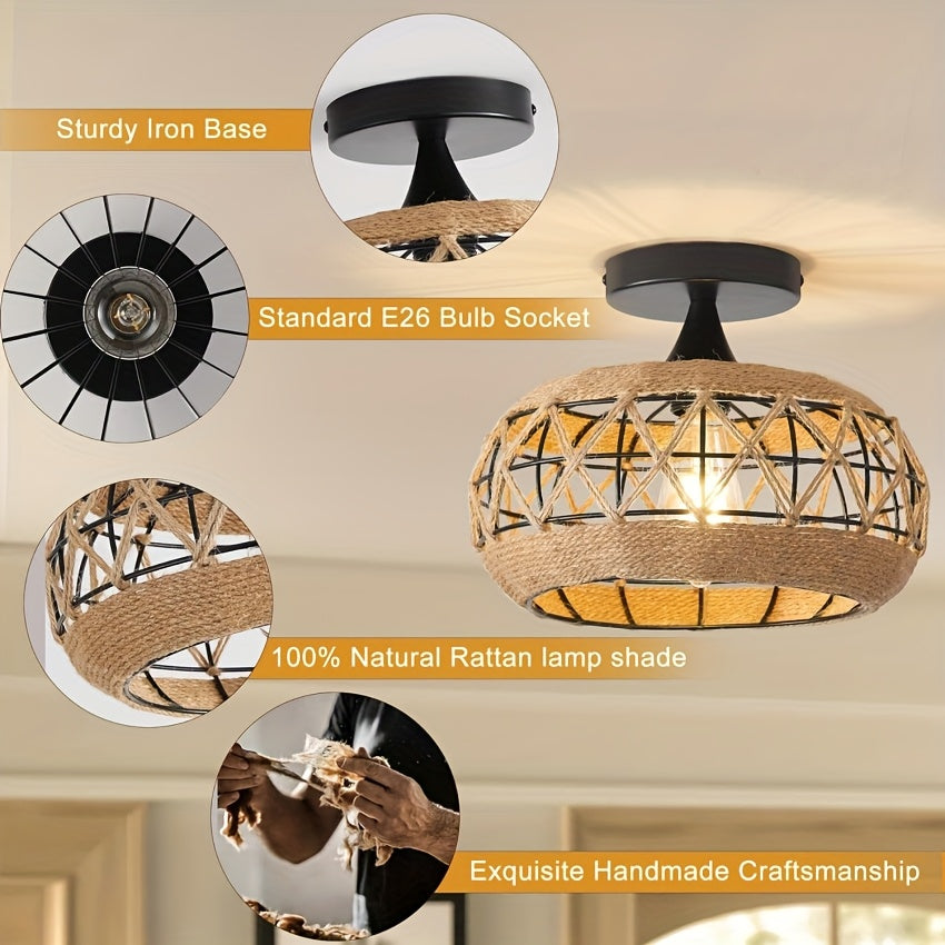 Ravari – Hand-Woven Bohemian Rattan Ceiling Light (29.97cm, Black Frame)