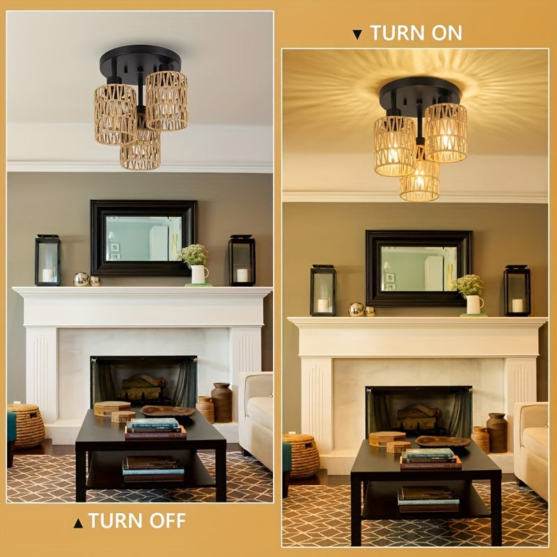 Zanora – Boho Chic 3-Light Rattan Ceiling Lamp with Vintage Bamboo Design
